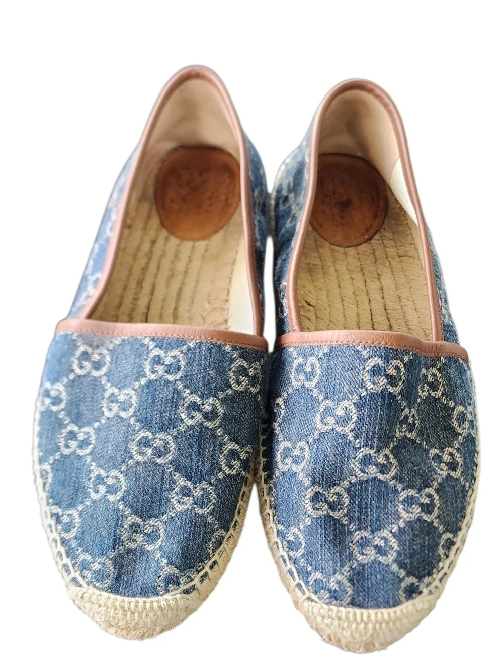 Gucci Blue Monogram Denim Espadrille Flats with Brown Trim
